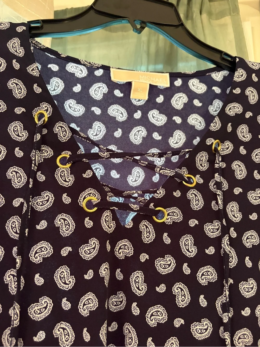 Michael Kors Navy Paisley Lace-Up Long-Sleeve Blouse